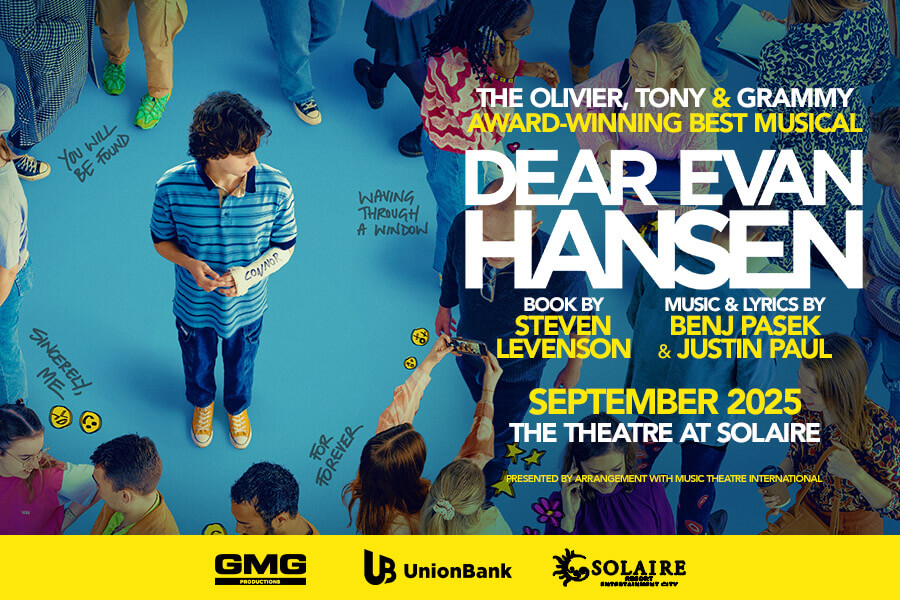 Dear Evan Hansen - Manila musicals poster showing lead actor surrounded by supporting cast