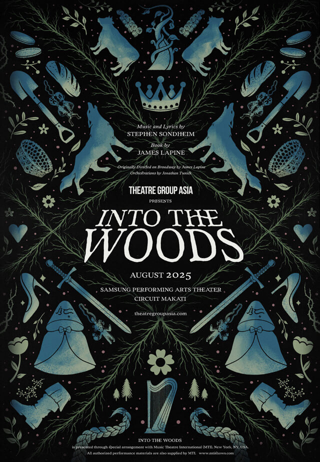 Into the Woods - Manila musicals poster with fairy tale themed decorative elements on dark background