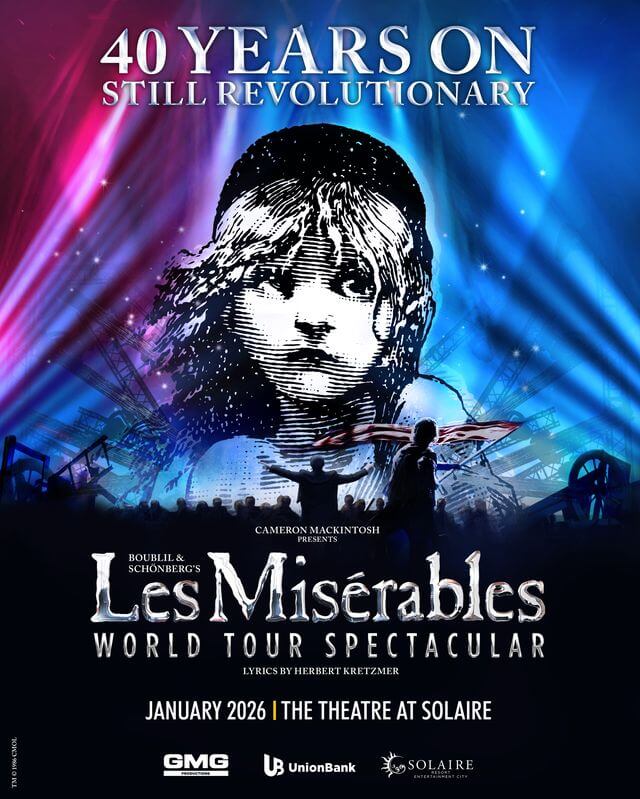 Les Misérables - Manila musicals poster featuring revolutionary artwork and dramatic lighting effects