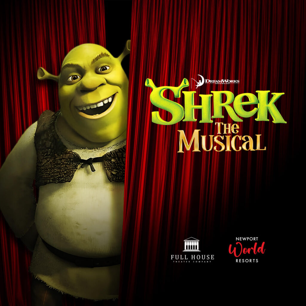 Shrek the Musical - Manila musicals production poster with green ogre against red theater curtains