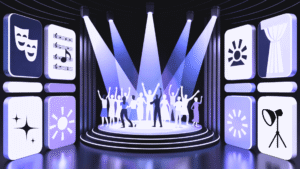 Manila musicals stage concepts with silhouetted performers on illuminated platforms surrounded by theater production icons.