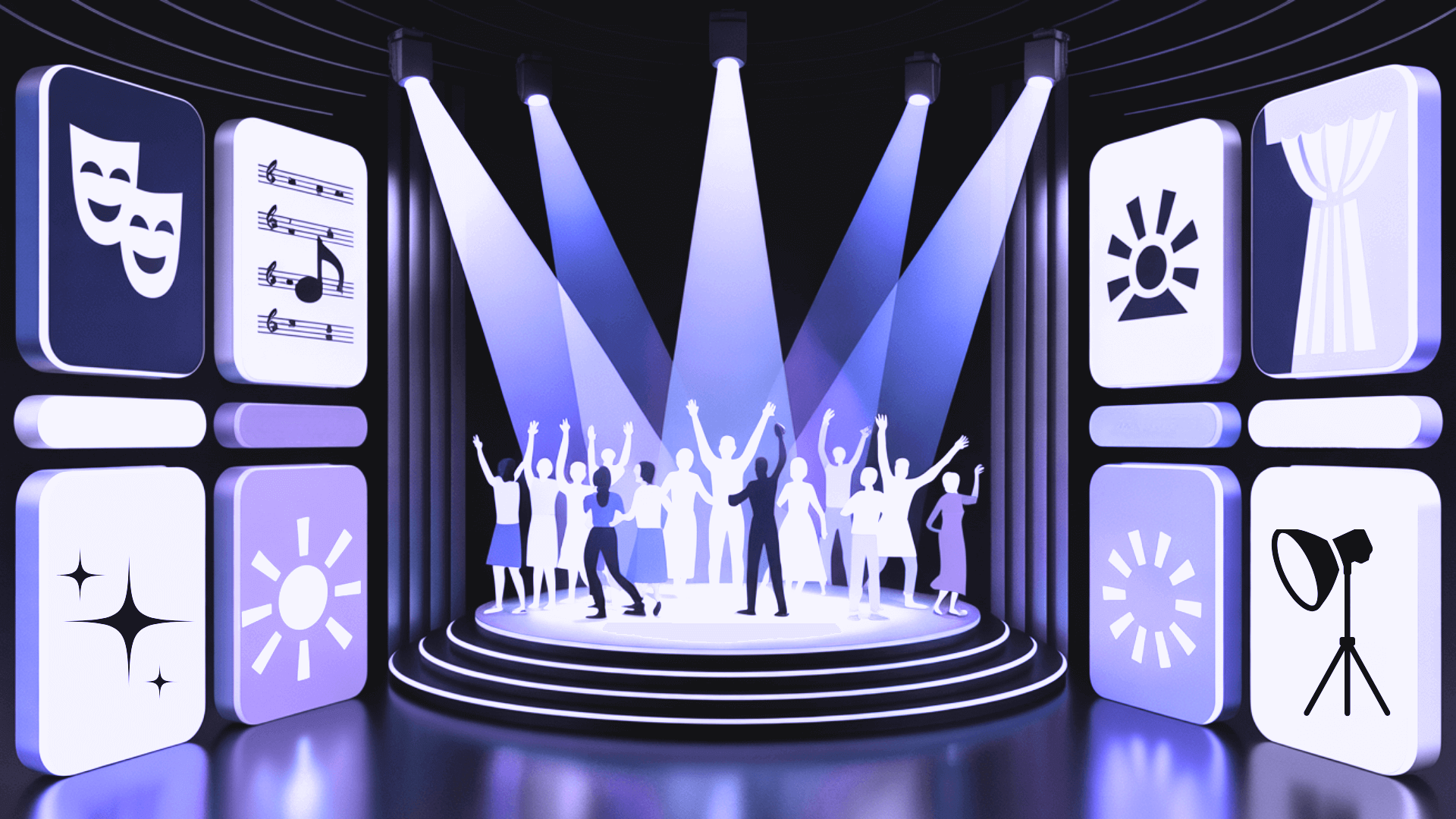 Manila musicals stage concepts with silhouetted performers on illuminated platforms surrounded by theater production icons.
