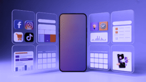 Mobile Marketing Apps displayed on translucent interface cards surrounding a central smartphone, featuring social media icons like Facebook and Instagram, analytics charts, calculators, and productivity tools against a purple gradient background.