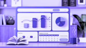 Purple-toned workspace showing a laptop displaying an analytics dashboard with bar charts, pie chart, and weekly calendar schedule, alongside an open book and coffee mug - representing the digital tools and content planning strategies used by top parenting bloggers to track their blog performance and organize their content creation workflow.