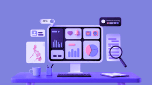 Digital marketing dashboard on a computer screen showcasing media monitoring tools and analytics interface with colorful charts, graphs, and data visualizations in purple and pink tones. The workspace setup includes floating elements displaying ROI metrics, sentiment tracking with happy and sad face icons, geographical data visualization of the Philippines, and various performance indicators, all rendered in a modern 3D isometric style perfect for media monitoring tools demonstrations.