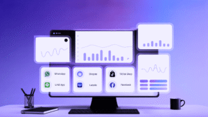 AI Brand Monitoring dashboard on a computer screen displaying charts, graphs, and social media platform icons including WhatsApp, Shopee, TikTok Shop, and Facebook for tracking brand performance across multiple channels.