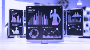 Three holographic displays showing data analytics dashboards with charts, graphs, and a human silhouette, set against a purple-blue futuristic background.