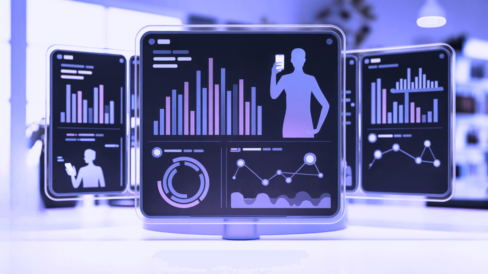 Three holographic displays showing data analytics dashboards with charts, graphs, and a human silhouette, set against a purple-blue futuristic background.