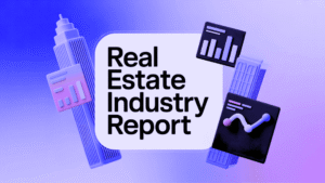 Modern Real Estate Industry Report cover design showcasing buildings, data charts, and financial graphics in a contemporary purple gradient layout.
