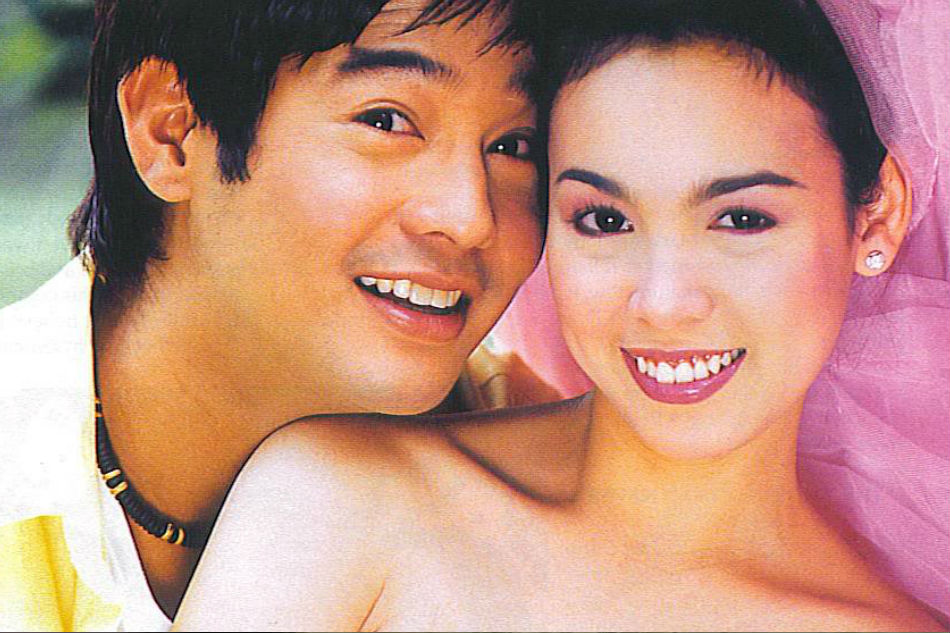 Classic Filipino love teams Rico Yan and Claudine Barretto in a bright promotional photo, smiling together in cheerful yellow and pink attire