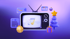 3D illustration of a retro television displaying musical notes on screen, surrounded by festive decorations including a Christmas tree with lights, ornaments, wrapped gift, and star, representing holiday Christmas station IDs and seasonal broadcast branding against a purple gradient background
