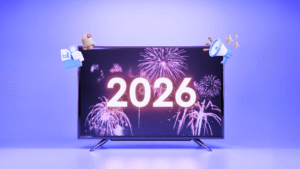 NYE 2026 Recap: Digital screen displaying 2026 with pink fireworks, surrounded by marketing icons including charts, notifications, and megaphone