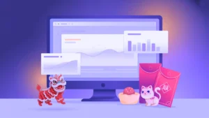 Chinese New Year business traditions illustration with lion dance, lucky cat, ang pao envelopes, and business analytics charts.