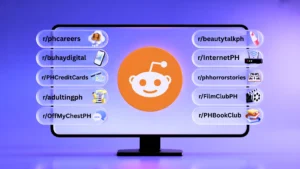 A computer monitor displaying the Reddit logo surrounded by labeled pills showing the top Filipino subreddits including r/phcareers, r/adultingph, r/beautytalkph, and r/phhorrorstories.