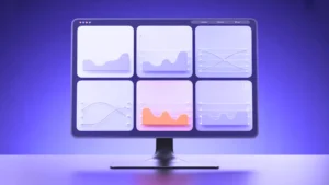 A computer monitor displaying multiple analytics dashboard panels with charts and graphs, representing a multichannel media monitoring strategy across social, broadcast, and online platforms.