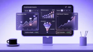 Social Media Metrics dashboard on computer showing engagement rates, ROI performance, conversion funnel, and 2026 growth analytics