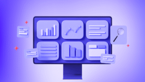 Media monitoring strategy dashboard with analytics charts, graphs, and data tracking tools on purple gradient background for Gen Alpha insights