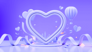 Purple 3D heart with Manila cityscape, hot air balloon and ribbons representing Valentine's Day Activities in the Philippines