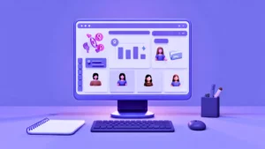 A 3D illustration of a computer dashboard featuring profiles of women entrepreneurs, representing Filipina founders tracked through media monitoring and analytics tools