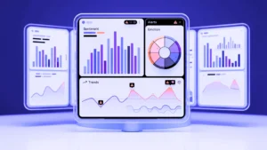 AI-powered sentiment analysis dashboard displaying sentiment bar charts, an emotion wheel, and trend line alerts on a blue-toned interface.