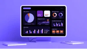 Media monitoring dashboard showing share of voice, sentiment analysis, competitor benchmarking, and engagement trends for brand intelligence.
