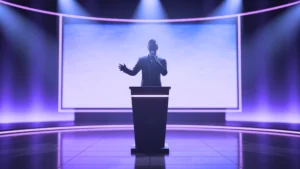 Silhouetted presenter on professional studio stage with purple lighting and large screen backdrop showcasing Popular Game Shows in the Philippines production quality.