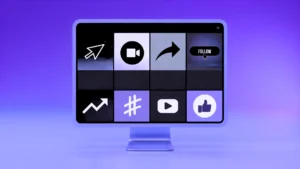 A monitor displaying social media icons representing Viral Marketing Moments, including trending charts, hashtags, video, and engagement actions