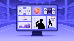 A monitor displaying basketball analytics and a silhouette of a reporter with a microphone, representing PBA courtside reporter.