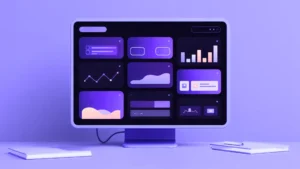 A 3D illustration of a computer monitor showing a multi-panel analytics dashboard with graphs and data widgets that visualize the ROI of PR Analytics.