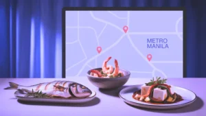 Lenten menu options in Metro Manila 2026 featuring grilled fish, shrimp, and tofu dishes with a map showing restaurant locations across the city.