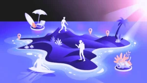 Illustrated map of Philippine summer destinations with silhouette travelers, location pins, a surfer, hiker, and tropical icons in blue and purple tones.