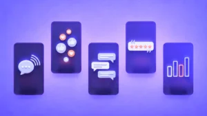 Five stylized phone screens displaying social media engagement icons — likes, hearts, chat bubbles, star ratings, and a bar chart on a purple background.