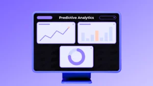 Predictive analytics dashboard showing a trend line chart, bar graph, and donut chart on a monitor.