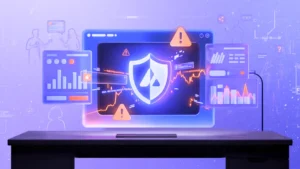 Holographic dashboard with charts, warning signs, and a shield icon floating above a laptop, illustrating earned media monitoring and brand risk analysis.