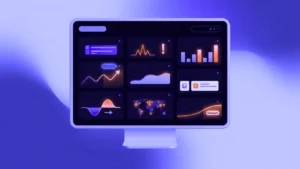 Monitor displaying a dark dashboard with neon purple/orange charts and widgets arranged in a grid (trends, bars, map, forecast badge seen).