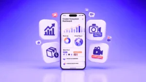 Smartphone screen shows a Creator Ecosystem Dashboard with charts; purple app icons float around it.