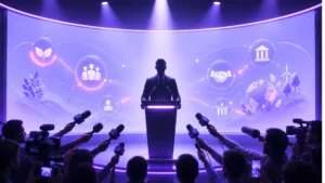 Brand spokesperson at a podium facing press microphones and cameras, with ESG icons for environmental, social, and governance behind, illustrating purpose-driven PR.